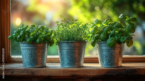 Fresh herbs and greens growing in containers on a sunny kitchen countertop du...