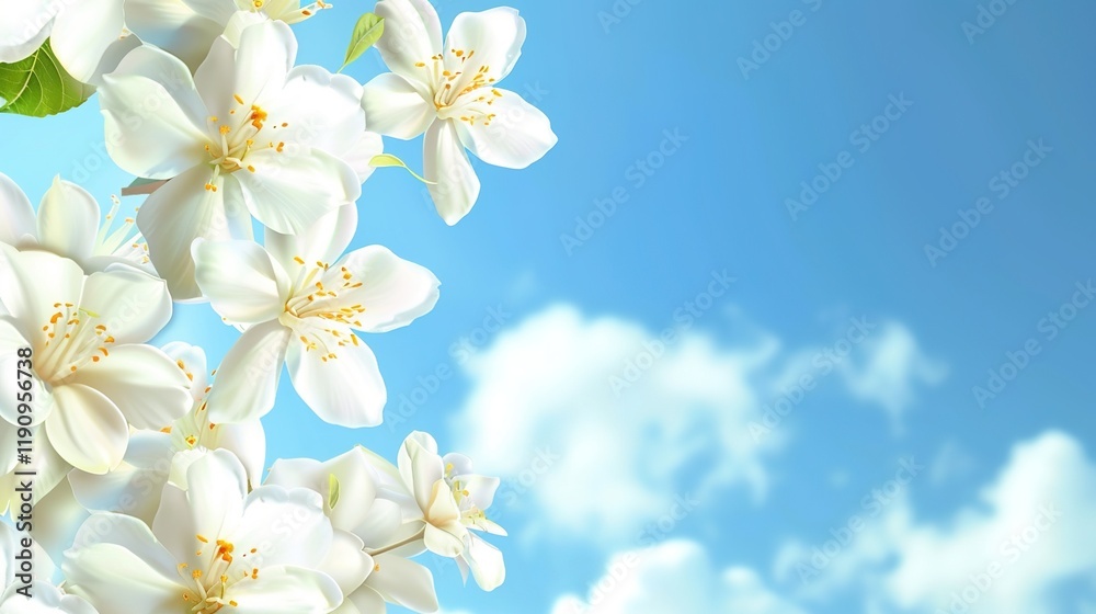 Obraz premium Captivating Jasmine Flowers Against a Blue Sky: Ideal for Design Inspiration
