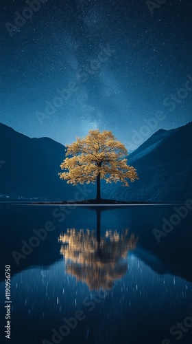 Starry night reflection of a solitary tree by a calm lake surrounded by mount...