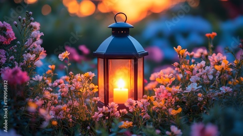 Lantern illuminating vibrant garden flowers during twilight hours