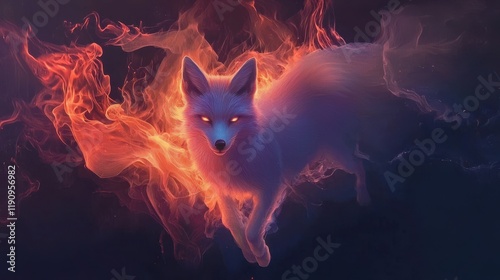 Mystical Fox Spirit Surrounded by Ethereal Flames in Dark Background