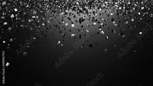 Silver confetti falling on black background.