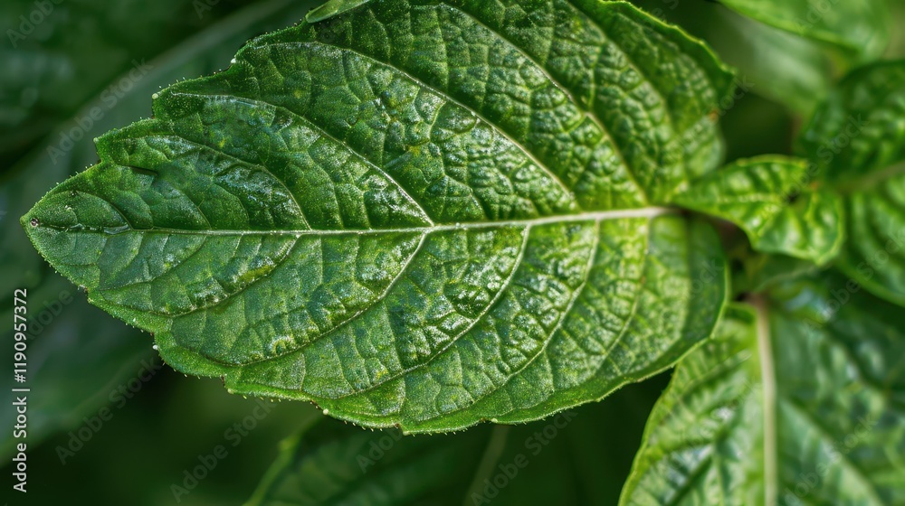 Close-up of a vibrant green leaf showcasing its detailed texture and natural beauty.