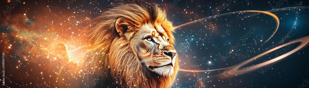 Fototapeta premium Golden lion head merging with constellations and planetary rings, regal and celestial