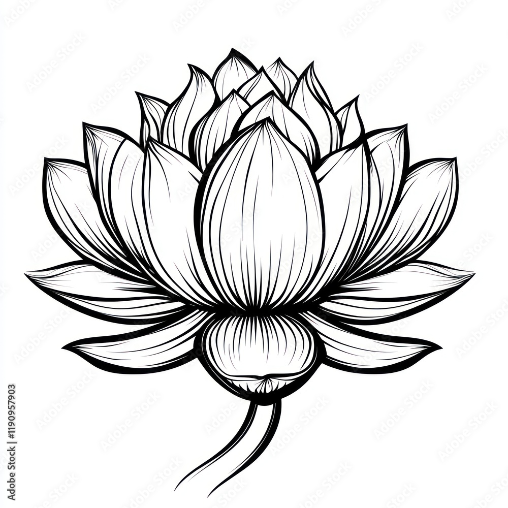 Fototapeta premium Monochrome lotus flower illustration, isolated, white background, design element
