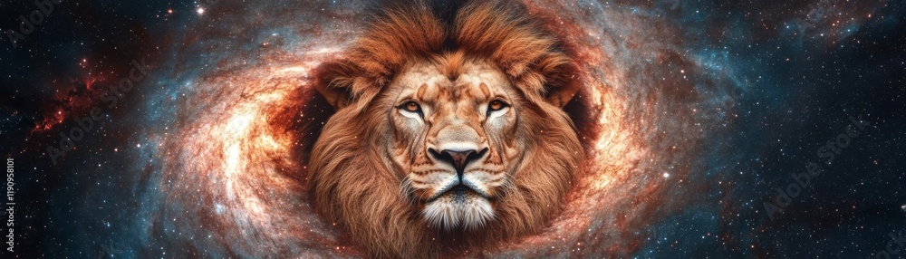 Golden lion s face emerging from a swirling galaxy, blending strength with the vastness of space Golden lion s face emerging from a swirling galaxy, blending strength with the vastness of space