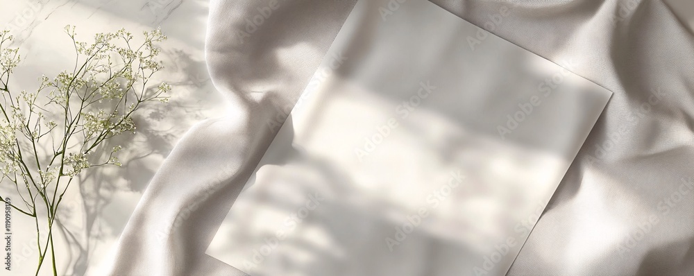 Obraz premium Empty card mockup on white satin with gypsophila flowers and marble background