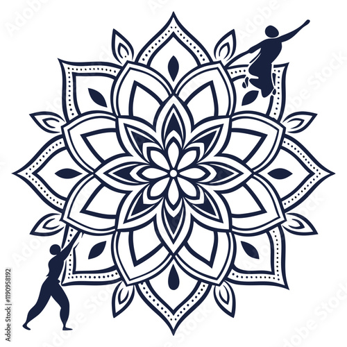 A vector illustration of a mandala silhouette with a white background. The mandala has a circular pattern with multiple layers of interlocking geometric shapes, including triangles, squares, and circl