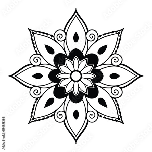 A vector illustration of a mandala silhouette with a white background. The mandala has a circular pattern with multiple layers of interlocking geometric shapes, including triangles, squares, and circl