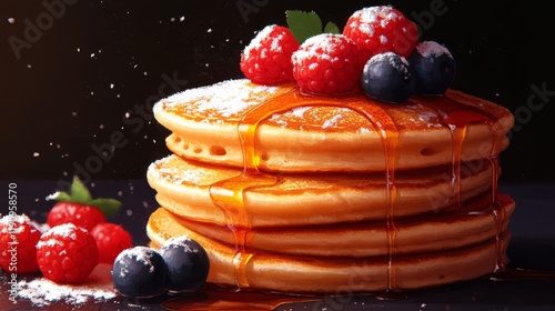 Delicious stack of fluffy pancakes topped with fresh berries and syrup