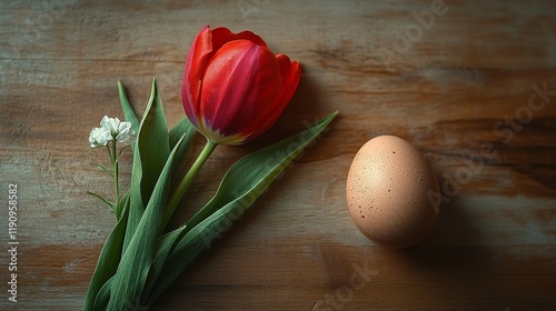Colorful tulip beside a soft brown egg on a wooden surface in natural light