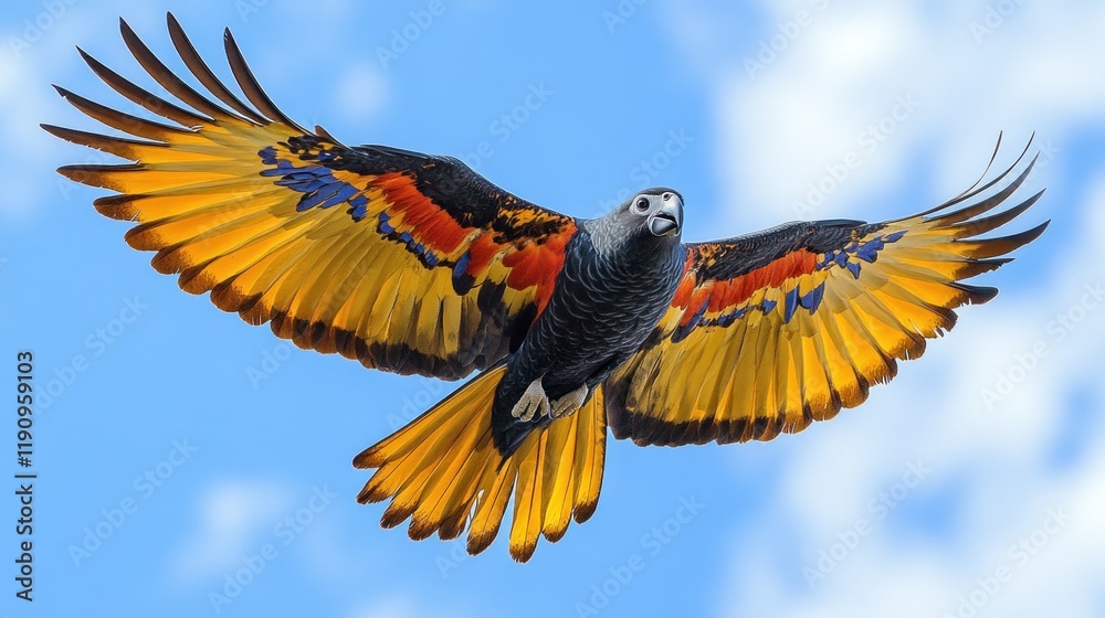 Fototapeta premium Colorful parrot in flight against a blue sky.