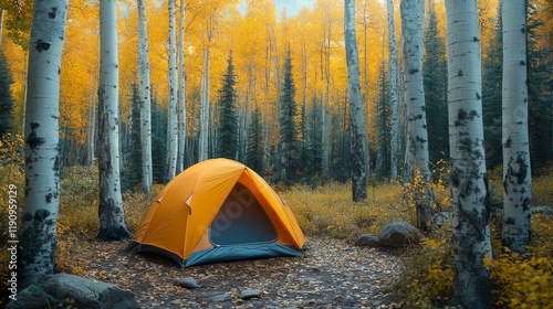 Bright yellow tent nestled among golden autumn trees in a serene forest setting