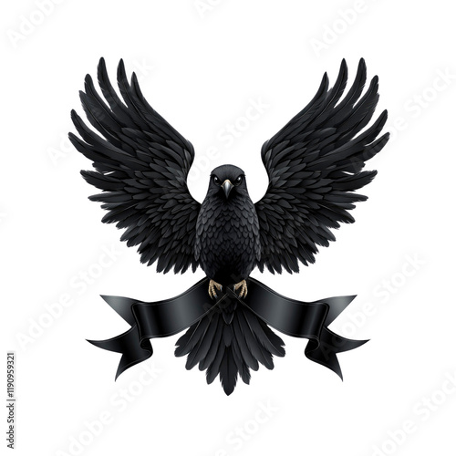 Majestic Black Raven with Wings Spread Wide and Black Banner photo