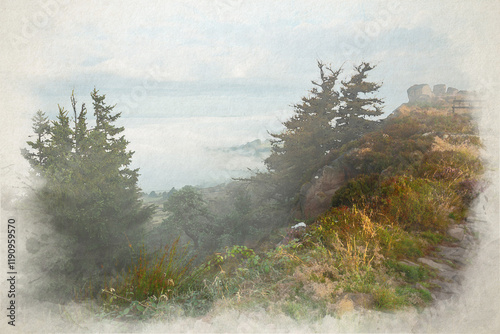 A digital watercolour illustration of a misty summer sunrise in the Staffordshire Peak District National Park. photo