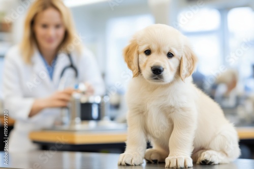 A veterinary technician preparing a vaccine for a puppy sitting patiently on an examination table