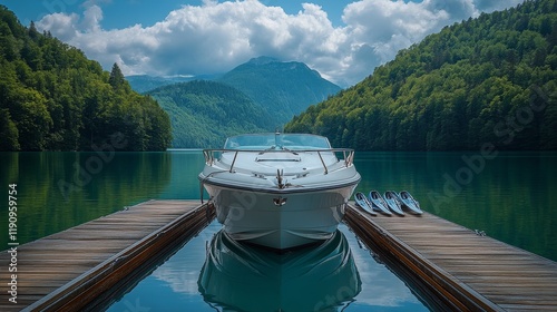 Serene boat anchored in calm waters surrounded by lush trees in a picturesque...