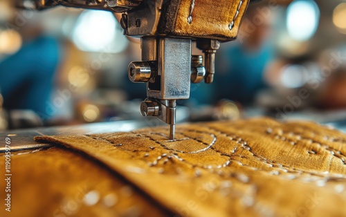 Precise stitching, golden leather, vintage sewing machine. Craftsmanship and detail in every stitch. A testament to timeless artistry. photo