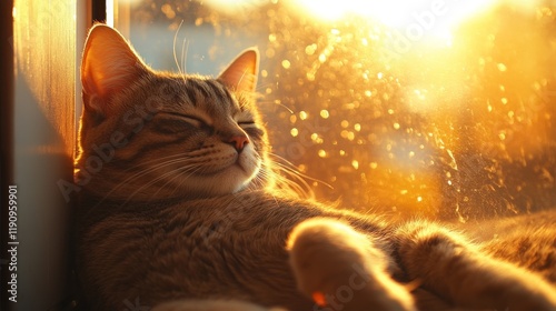Cat relaxes in warm sunlight streaming through a window during golden hour in...