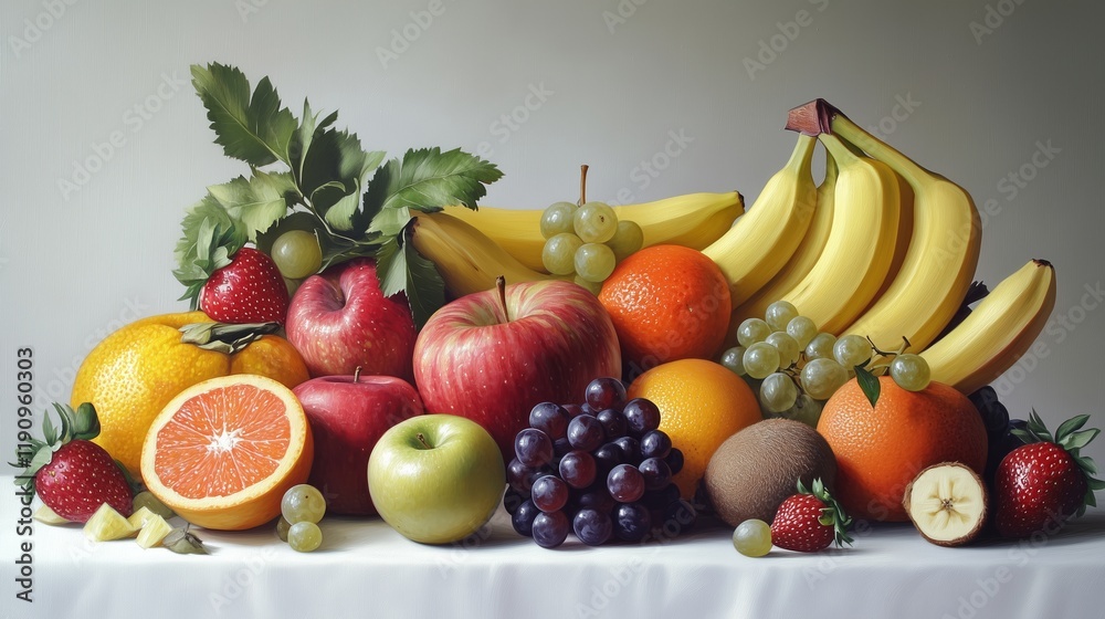 A variety of fresh fruits beautifully arranged on a white background, including apples, bananas, oranges, grapes, and strawberries. The fruits are vibrant, colorful, and appear ripe. A variety of fresh fruits beautifully arranged on a white background, including apples, bananas, oranges, grapes, and strawberries. The fruits are vibrant, colorful, and appear ripe.