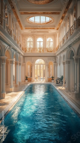 Elegant indoor swimming pool with large windows in a luxurious mansion during...