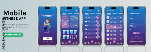 A sleek fitness app interface template featuring responsive design elements, including dashboards, charts, and statistics. Perfect for tracking health, weekly progress, and sports activities
