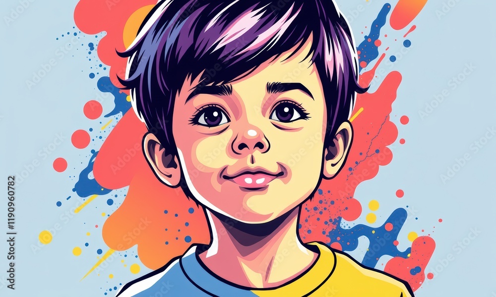Portrait of a Cheerful Young Child in a Vibrant Artistic Background Featuring Bold Colors and Abstract Patterns of Red, Blue, and Yellow Illustrations