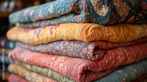 Colorful quilts stacked neatly in a creative display showcasing intricate flo...