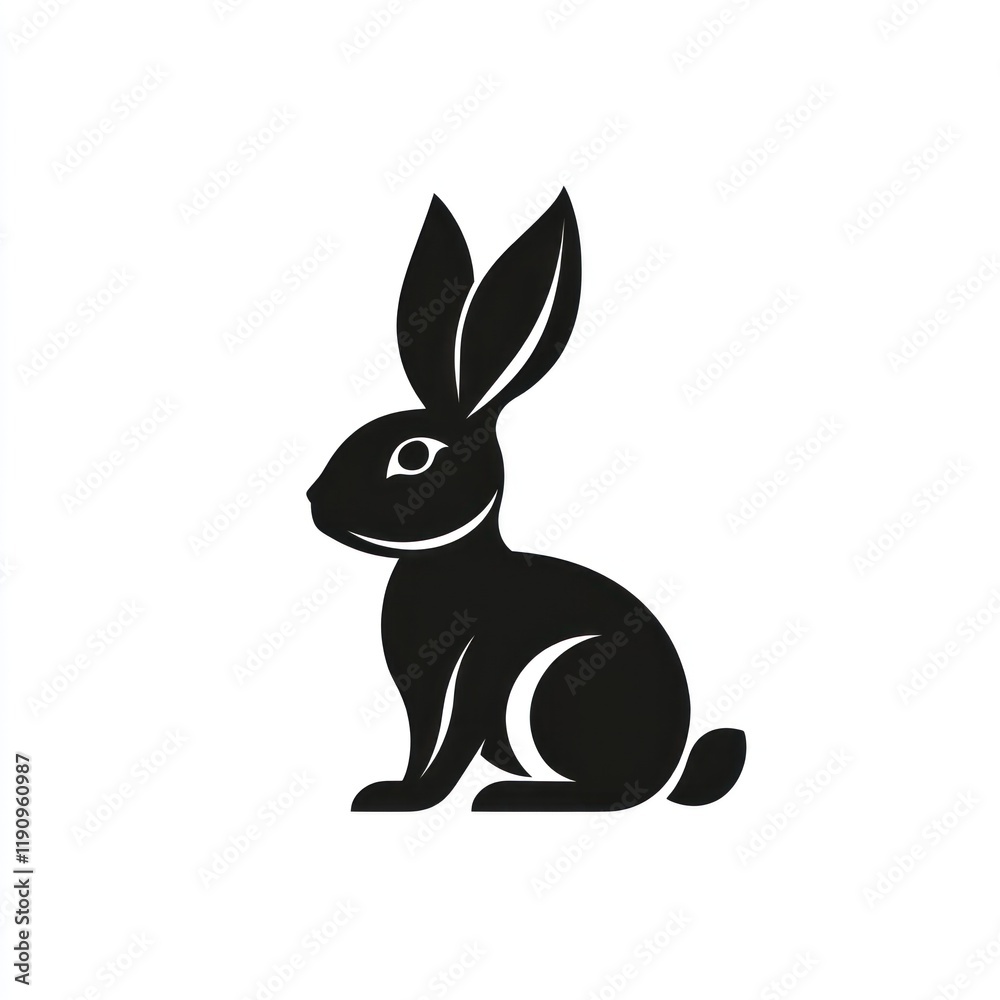 Obraz premium Side view of black rabbit silhouette, white background. Wildlife illustration for Easter