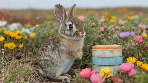 Rabbit exploring a vibrant flower field during sunny spring day