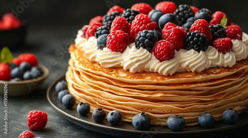 Delicious stack of pancakes layered with cream and berries in a cozy kitchen ...