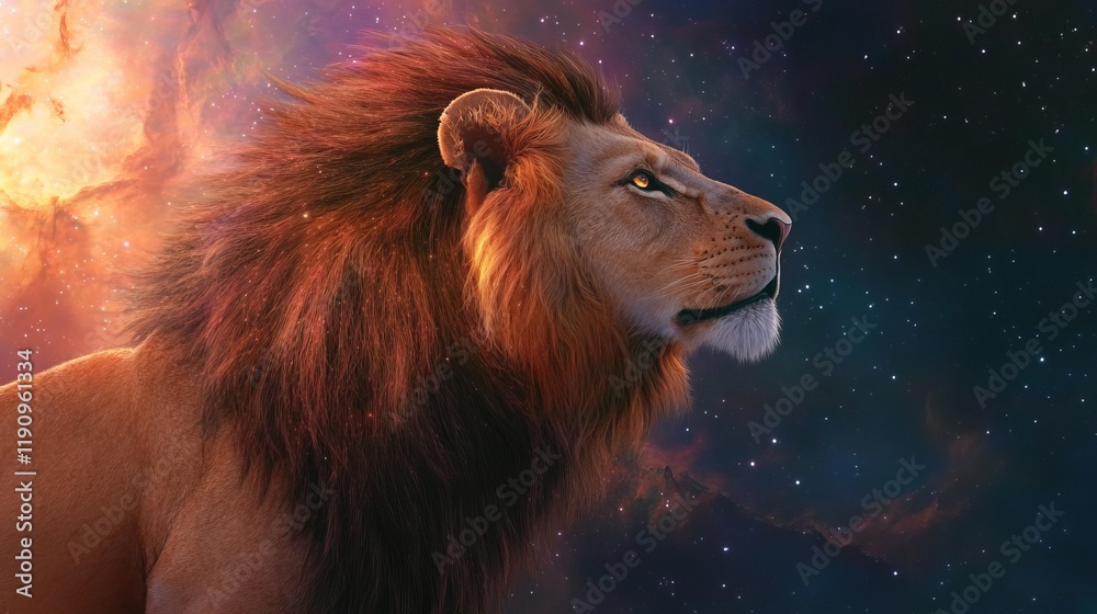 Fototapeta premium Lion prowling across a cosmic horizon, its mane glowing with radiant starlight