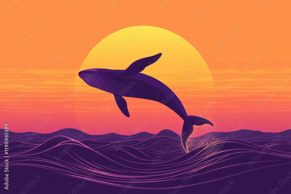 Obraz premium Whale breaches the ocean surface against a vibrant sunset sky in a dramatic display of natures beauty. Generative AI