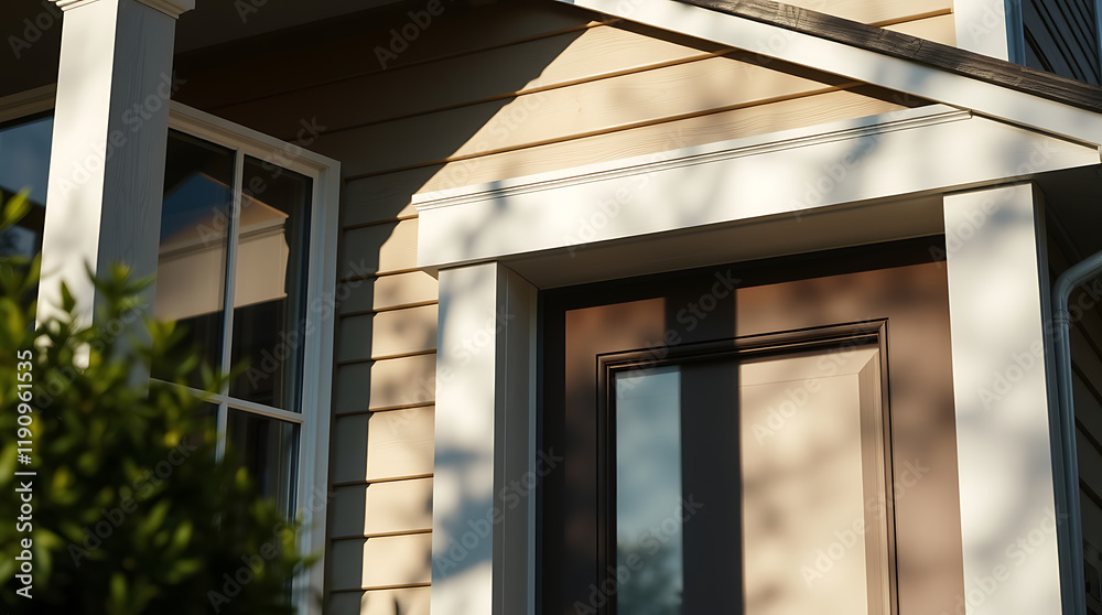 Elegant Home Exterior: Modern House Architecture with Brown Door and White Columns Elegant Home Exterior: Modern House Architecture with Brown Door and White Columns