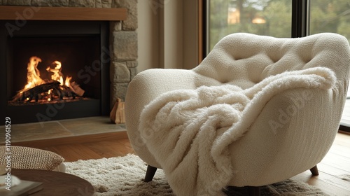 Cozy interior with a plush white blanket draped over an elegant armchair and ...