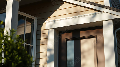 Elegant Home Exterior: Modern House Architecture with Brown Door and White Columns photo