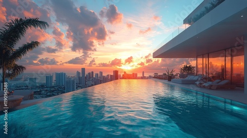 Luxury villa with infinity pool overlooking city skyline at sunset