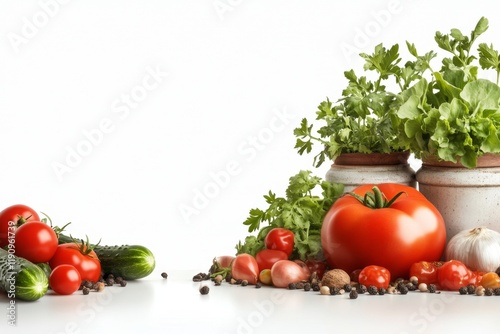 A whimsical 2D illustration of a vegetable garden, with cartoonish plants like tomatoes and cucumbers growing cheerfully on a clean white background photo