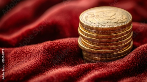 Coins stacked neatly on rich red fabric create an elegant display of wealth a...
