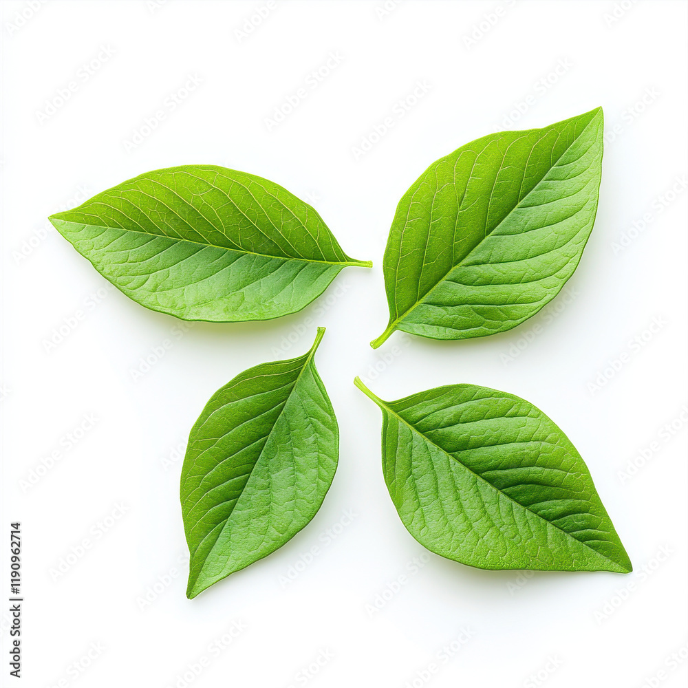 Fototapeta premium Fresh green leaves arranged on white background, showcasing nature beauty