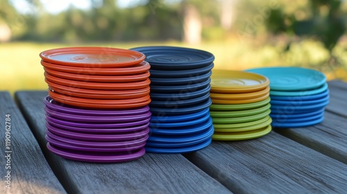 Stacked colorful rings on wooden surface for outdoor play or display
