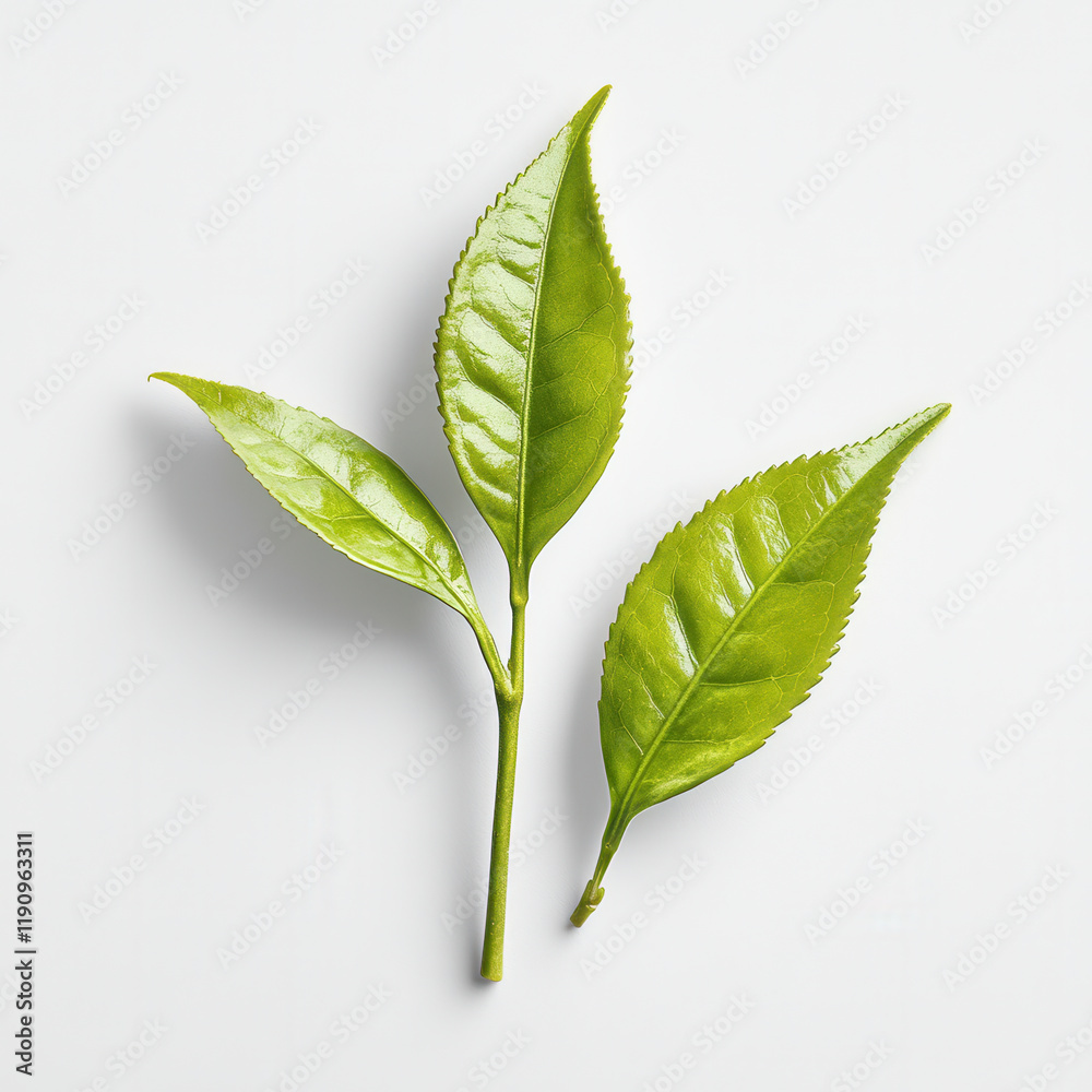 Fototapeta premium Fresh green tea leaves on light background, showcasing their vibrant color and texture