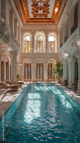 Elegant indoor swimming pool with large windows in a luxurious mansion during...