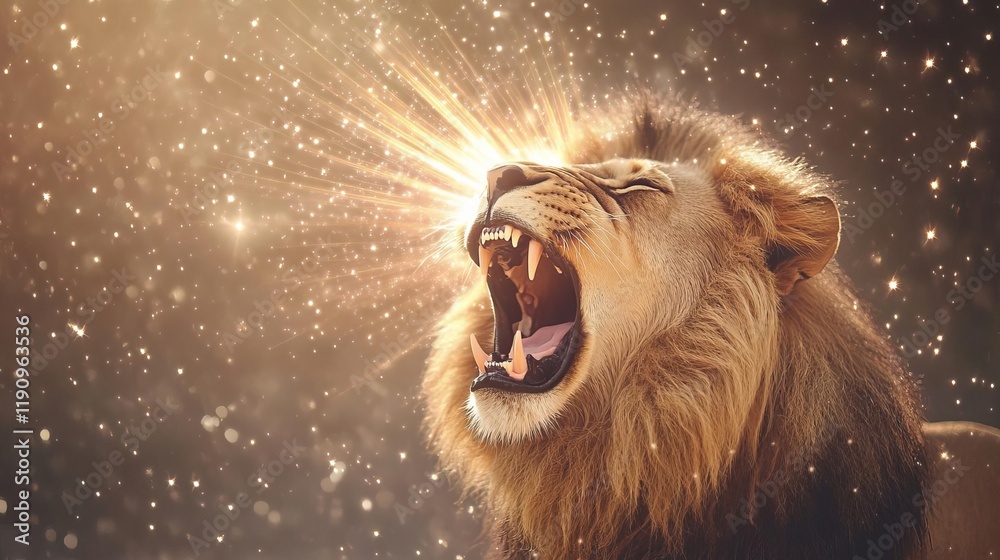 Naklejka premium Lion roaring, cosmic rays bursting from its mouth, surrounded by shimmering stardust