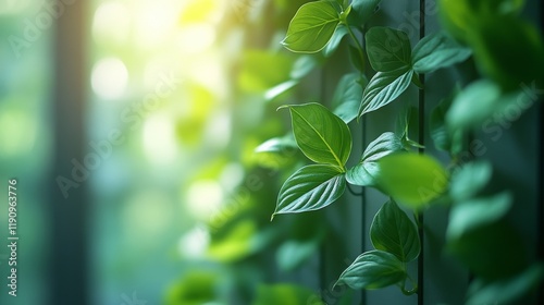 Green leaves climbing along a wall in a bright indoor setting with natural li...