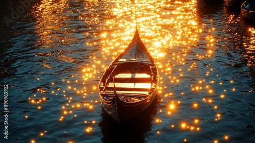 Tranquil blue boat on calm waters reflecting morning mist in serene landscape