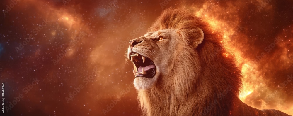 Naklejka premium Lion roaring into a cosmic storm, its mane glowing with radiant celestial hues