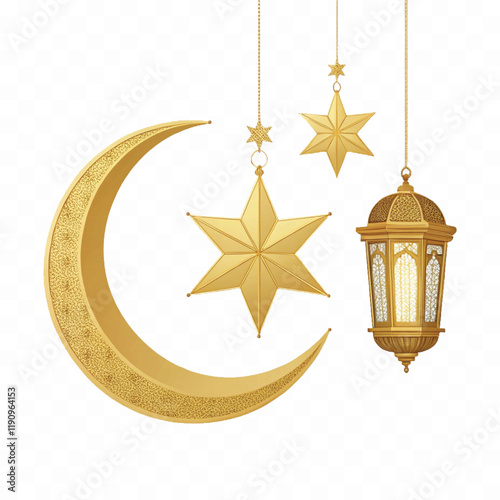 abstract 3d Crescent moon, lantern and star hanging in 3d light purple color. Decorative vector elements for Muslim holidays. Isolated on a white background
