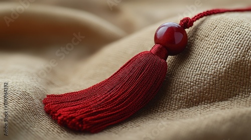 Beautiful red tassel with silver detail resting on beige fabric