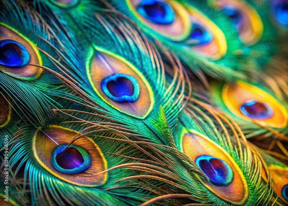 Obraz premium Peacock Feathers Macro Photography: Vivid Colors, Intricate Details, Bokeh Background